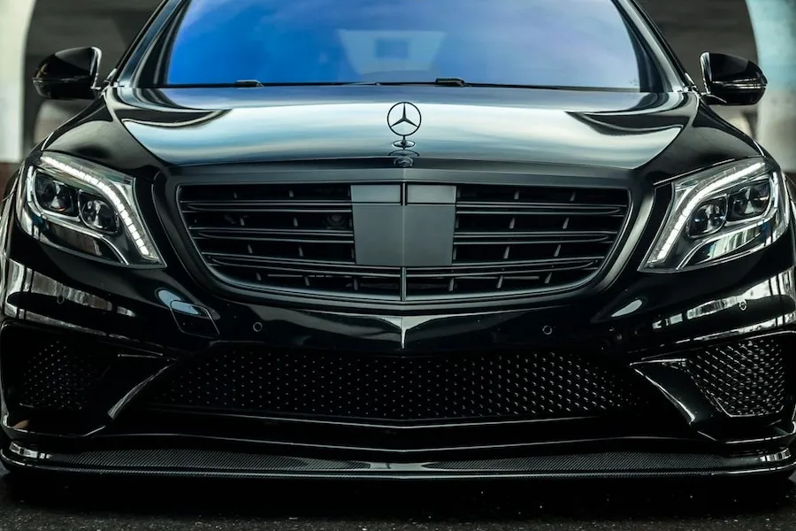 Close-up of the front of a black Mercedes-Benz Close-up of the front of a black Mercedes-Benz