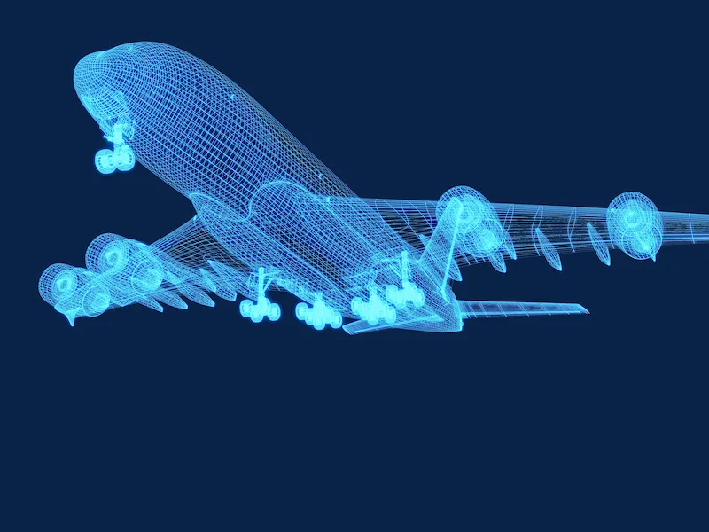 A holographic line drawing of an airplane A holographic line drawing of an airplane