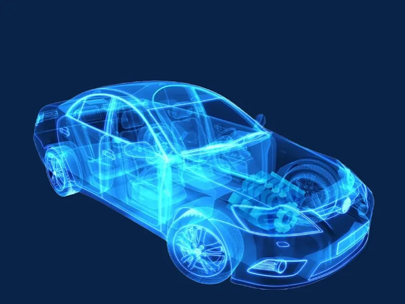 A holographic line drawing of a passenger car A holographic line drawing of a passenger car